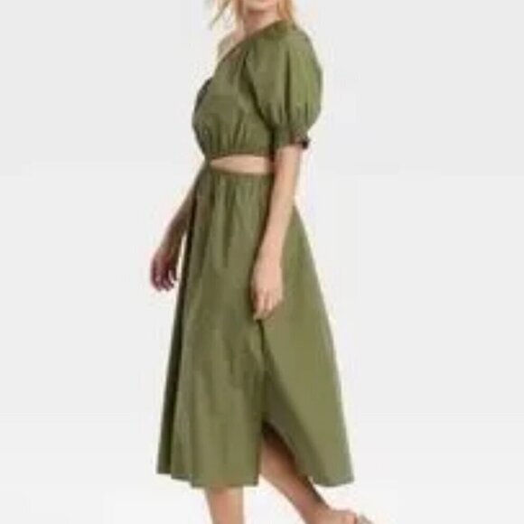 Who What Wear Olive Green Puff Short Sleeve‎ Cut Out Midi Dress Size Small - Picture 7 of 13